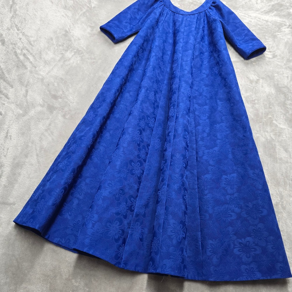 Vintage Kiyomi Hawaii Muumuu Dress Women 12 Royal Blue Floral Jacquard Altered - Picture 13 of 16